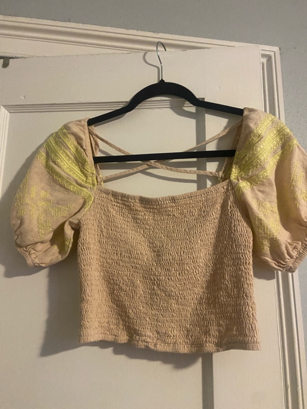 Beige Smocked Crop Top with Yellow Embroidered Puff Sleeves - Women
